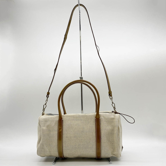 Prada Canvas Tan Leather Bag Mini Ivory Boston - Picture 1 of 10